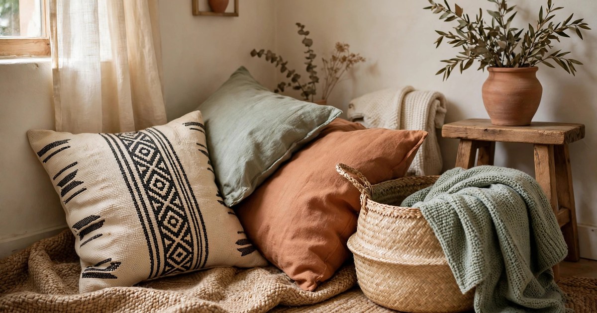 Woven basket, jute rug and mudcloth pillows layered in a cozy rental living room