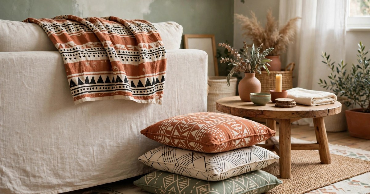 Mudcloth cushion draped over a sofa back and stacked floor cushions in a rental