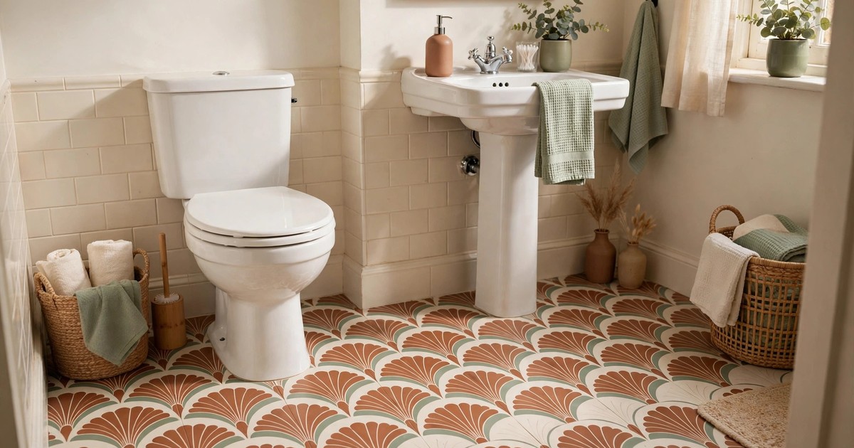 Peel-and-stick art deco fan pattern tile decals on a rental bathroom floor