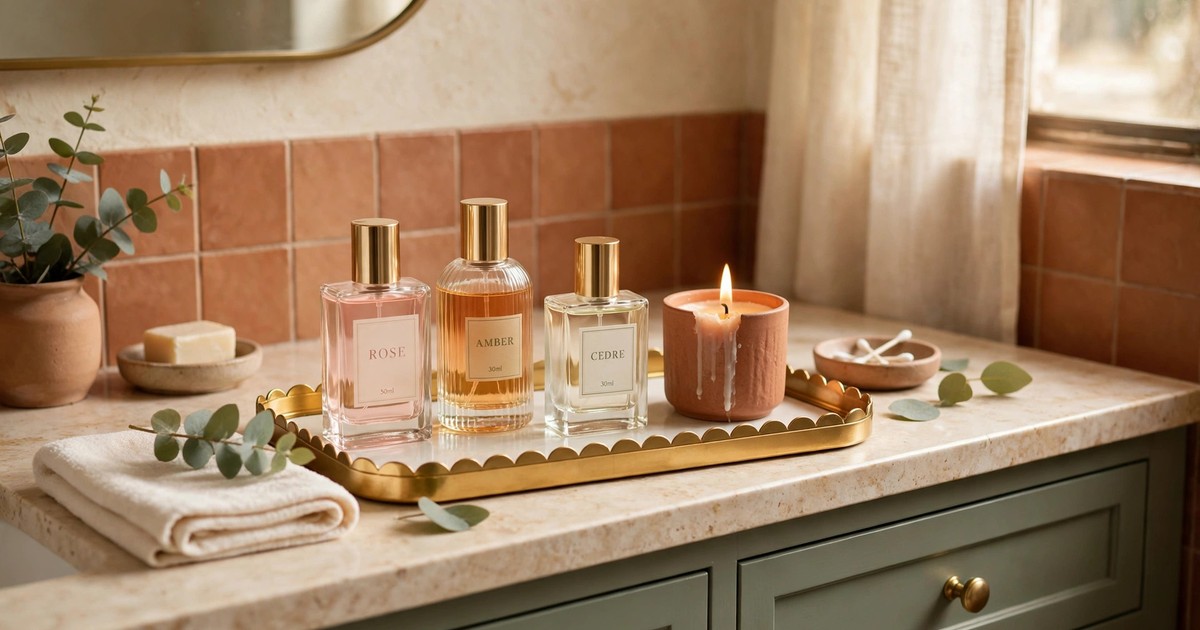 Gold-trimmed tray with perfume bottles and a candle on a bathroom vanity