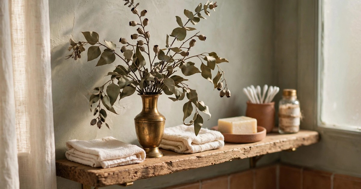 Small brass vase with dried eucalyptus on a bathroom shelf