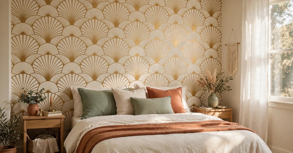 Art deco fan pattern peel-and-stick wallpaper in a renter bedroom