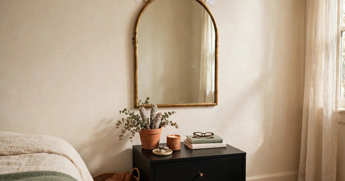 Arched brass mirror hung with removable adhesive strips