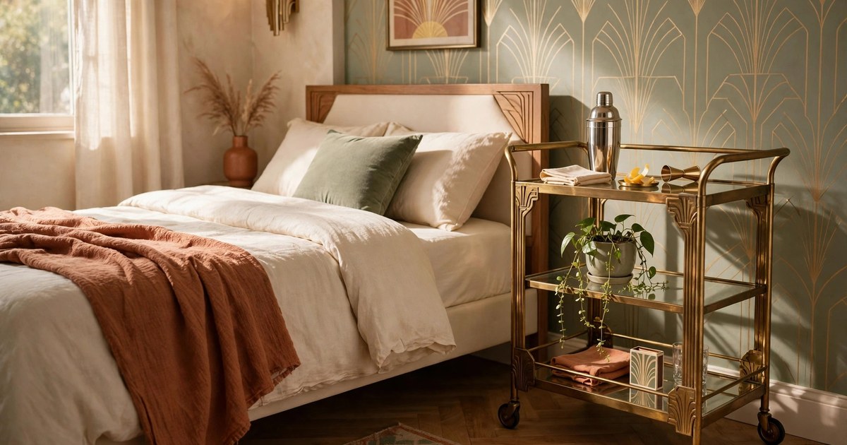 Vintage gold bar cart used as a deco nightstand