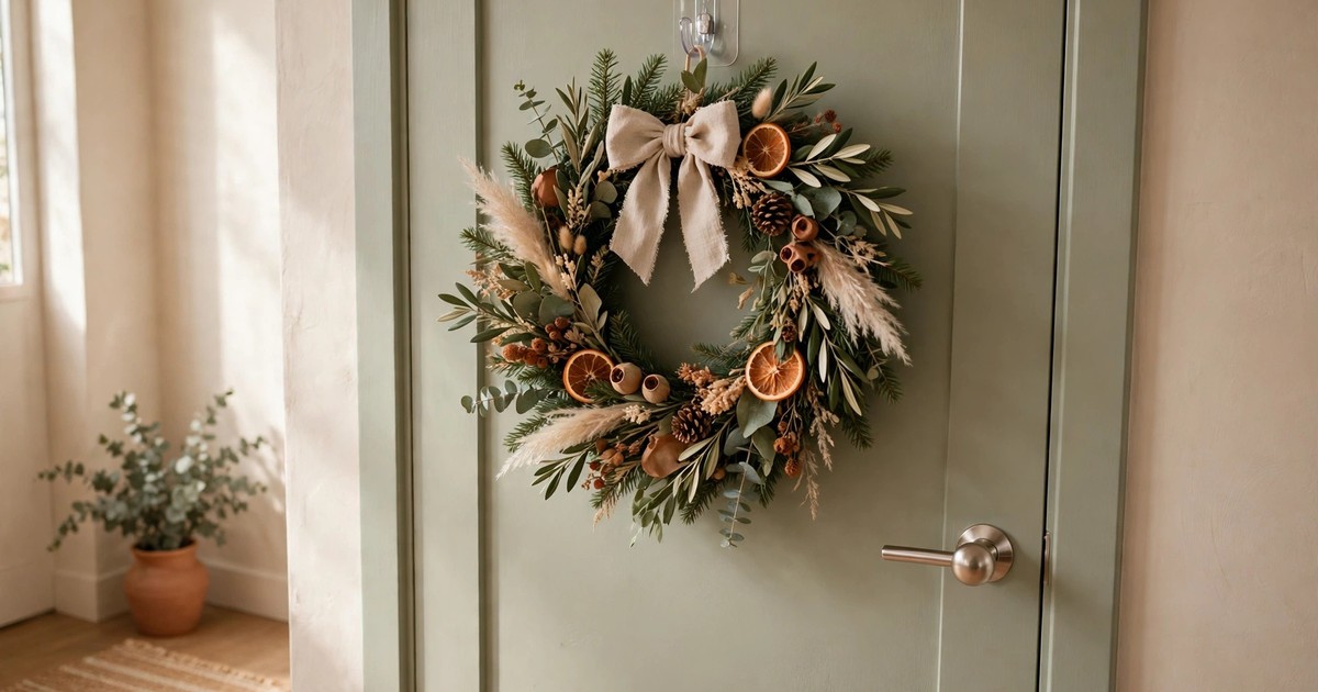 A Christmas wreath hanging from a large adhesive hook on a smooth painted apartment door