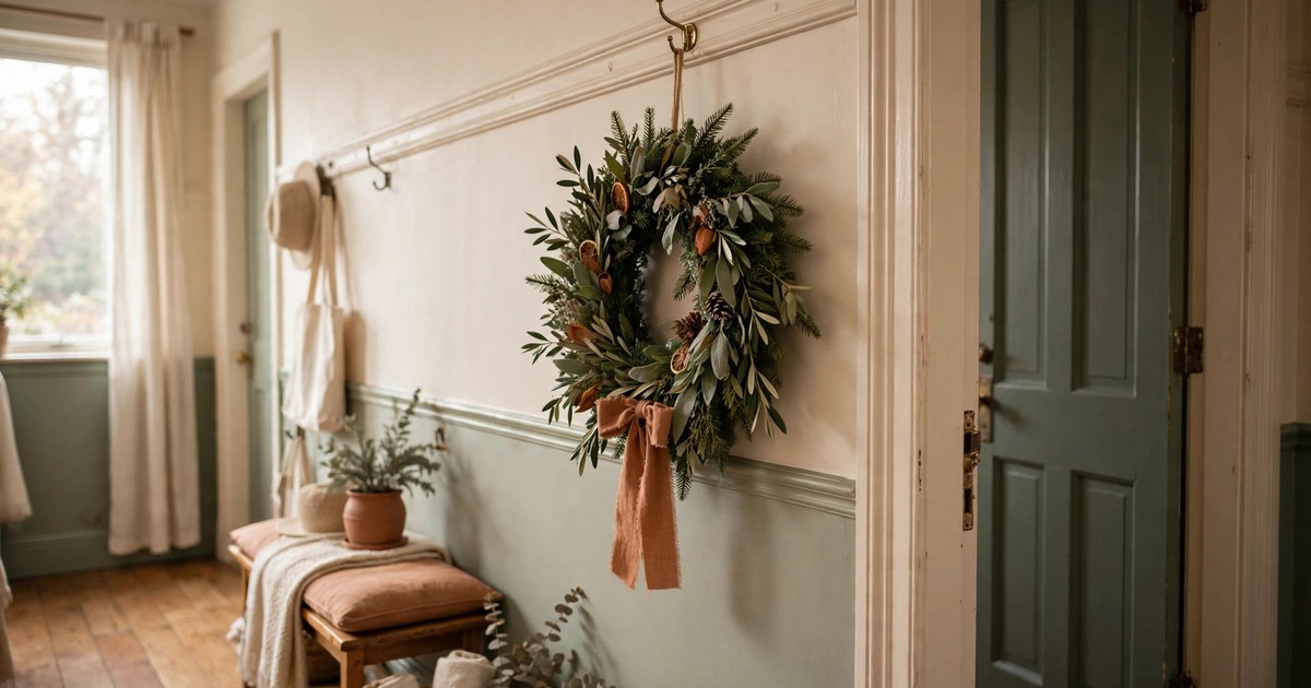 A Christmas wreath hanging from a picture rail hook in a rental apartment hallway