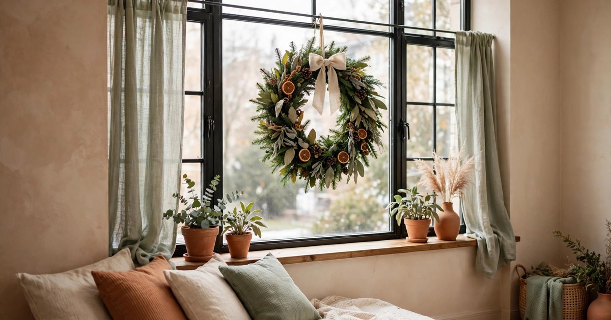 A Christmas wreath hanging from a tension rod across an apartment window