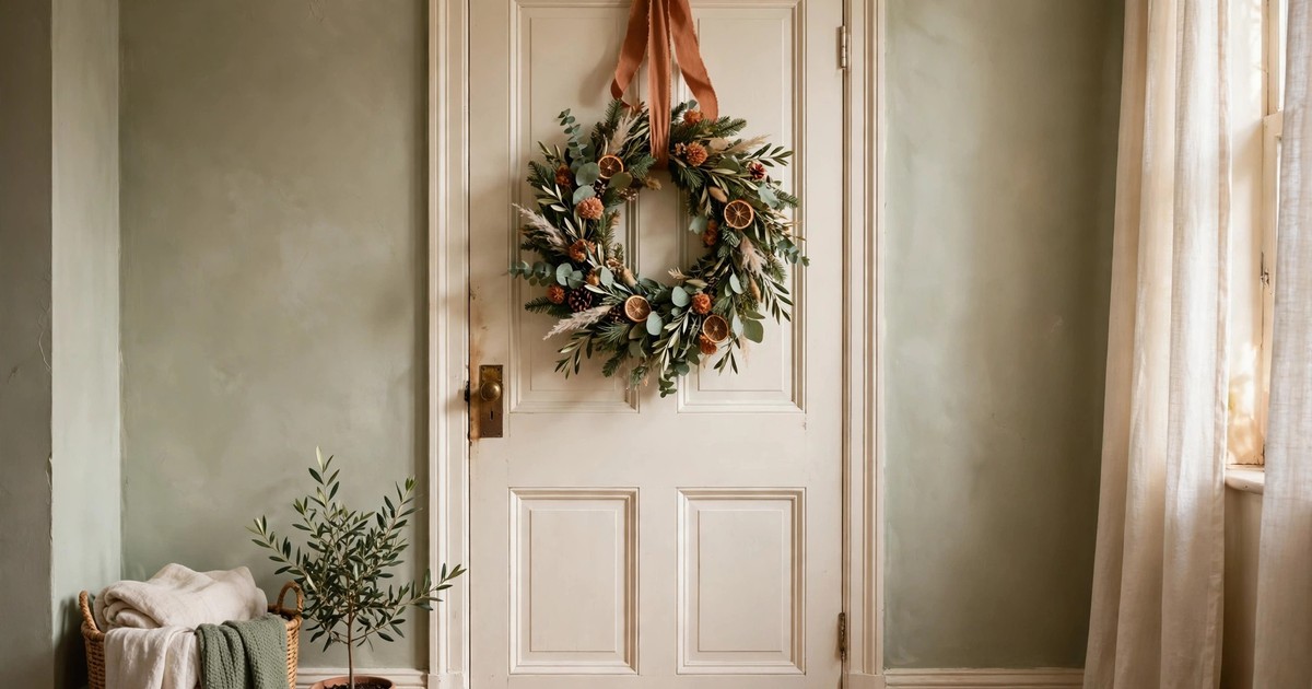 A Christmas wreath hanging by a ribbon looped over the top of an interior apartment door