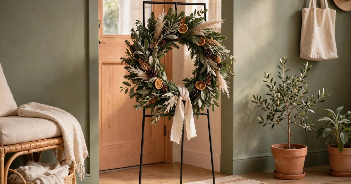 A Christmas wreath displayed on a freestanding metal wreath stand in an apartment entryway