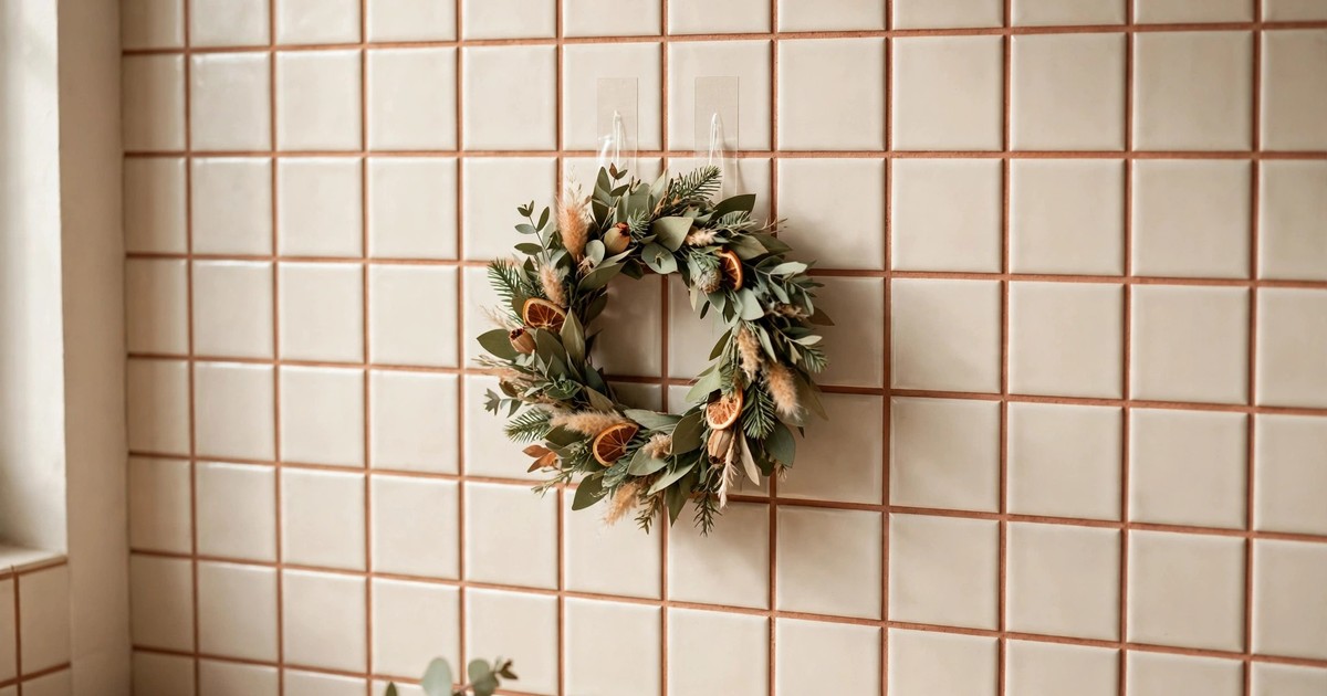 A small Christmas wreath hanging from adhesive strips on a tiled apartment wall