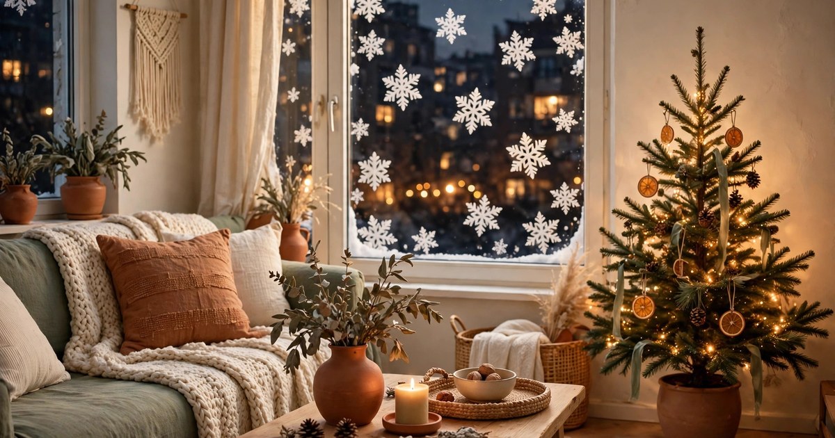 White snowflake window clings on an apartment window with warm light behind