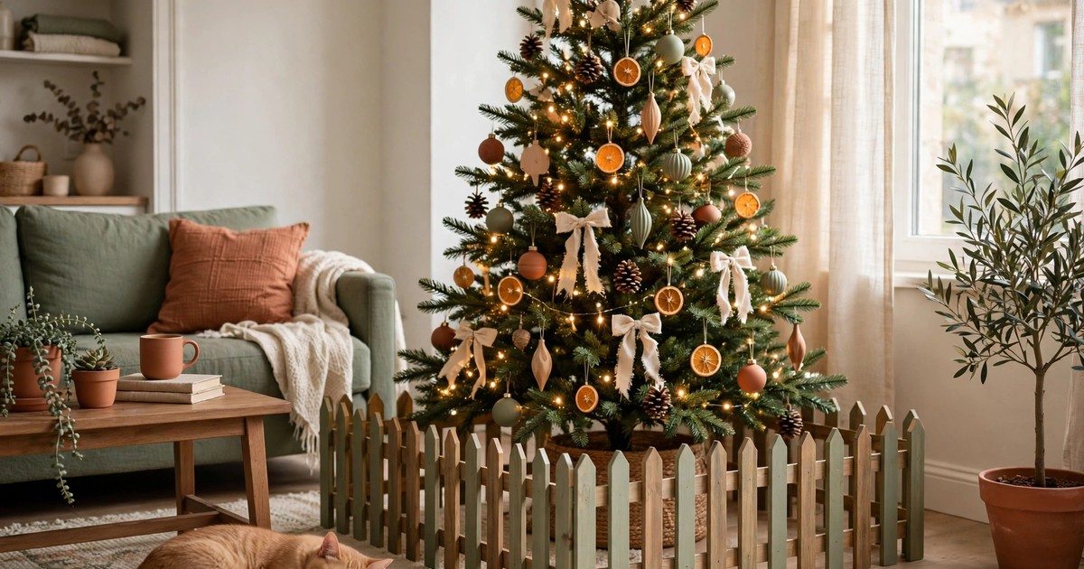 A small decorative fence around the base of a Christmas tree keeping pets away in a rental living room
