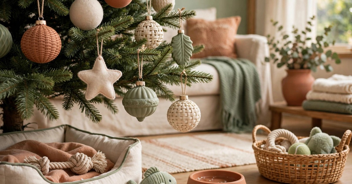 Shatterproof ornaments hanging on the lower branches of a Christmas tree in a pet-friendly home
