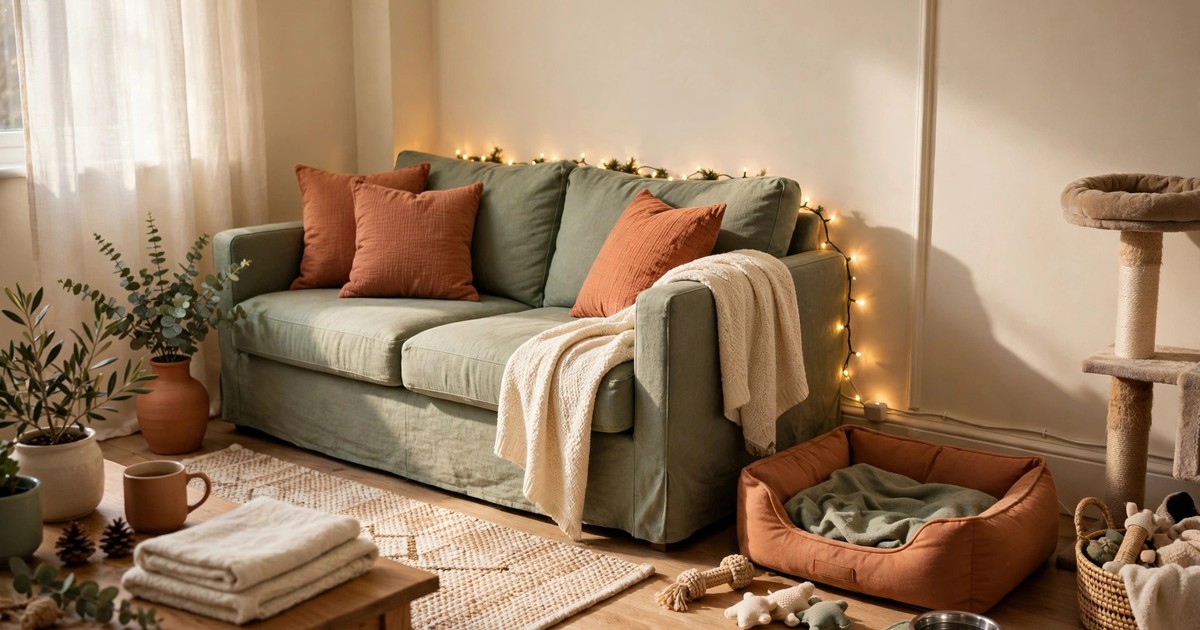 Christmas light cords hidden behind furniture with a cord cover in a pet-friendly rental