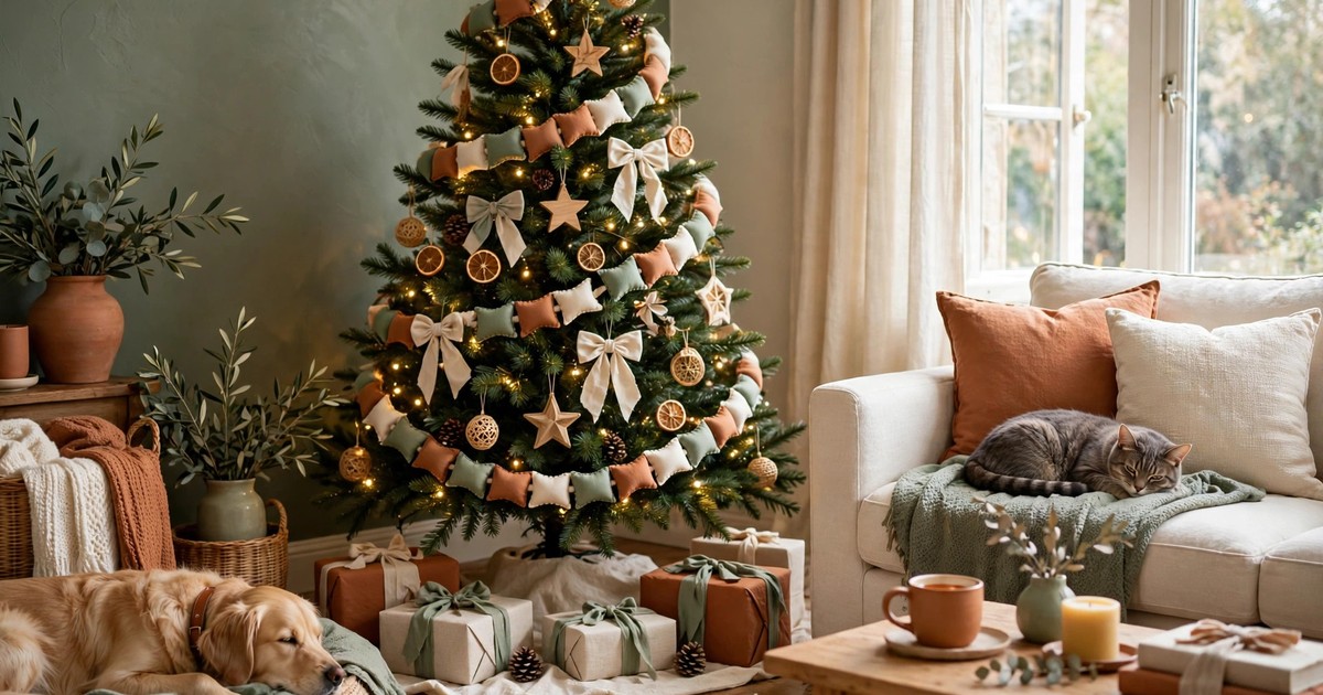 A Christmas tree decorated without tinsel, using safe fabric garlands, in a home with pets
