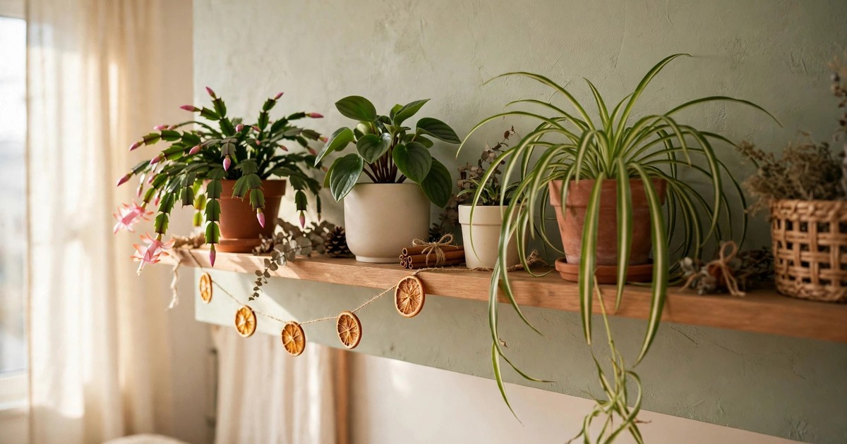 Pet-safe Christmas plants displayed on a high shelf away from pets in a rental apartment