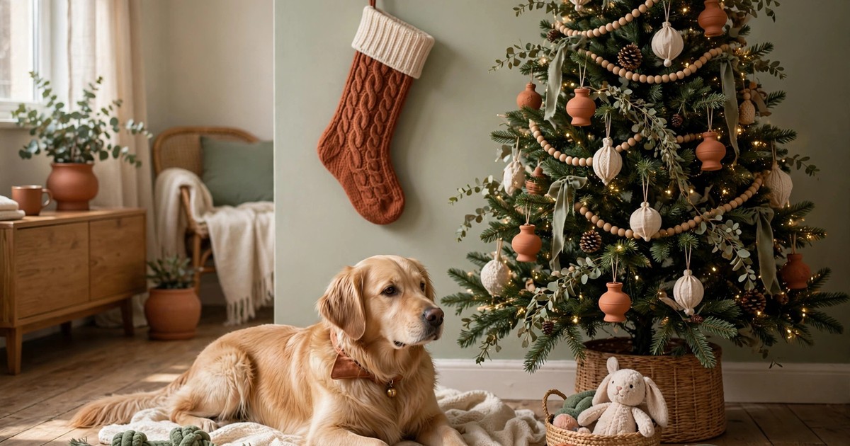 A pet with its own Christmas stocking and toys beside a decorated tree in a rental apartment