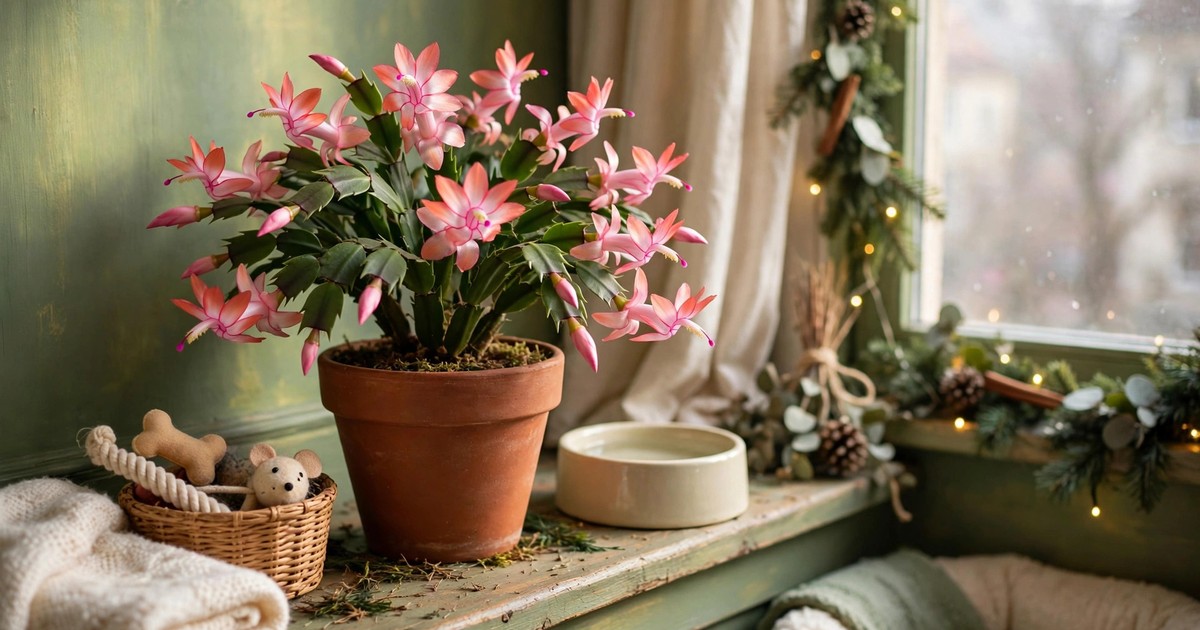 A Christmas cactus with pink flowers blooming in a pot on a windowsill in a pet-friendly home