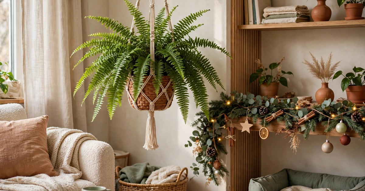 A lush Boston fern in a hanging basket with Christmas decorations nearby in a pet-friendly home