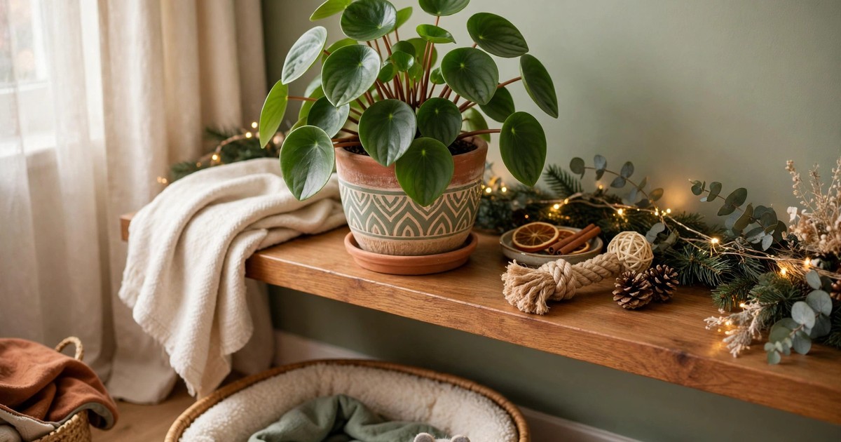 A peperomia plant with round green leaves in a decorative pot on a shelf in a pet-friendly apartment