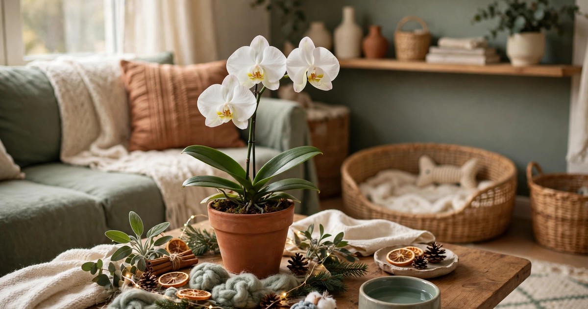 A white moth orchid blooming in a pot on a table with Christmas decorations in a pet-friendly home