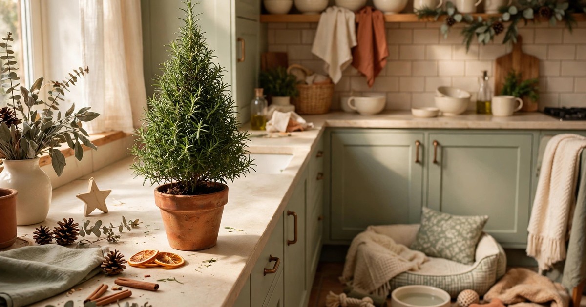 A rosemary plant trimmed into a mini Christmas tree shape in a pot in a pet-friendly kitchen