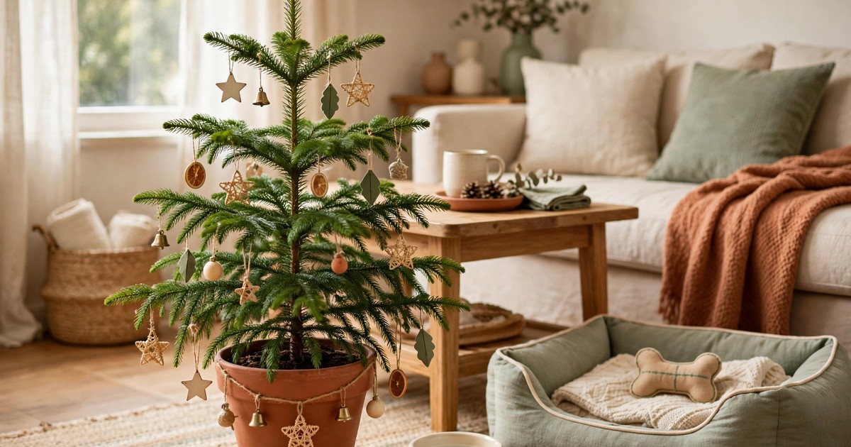 A Norfolk Island pine in a pot decorated with tiny ornaments as a mini Christmas tree in a pet-friendly apartment