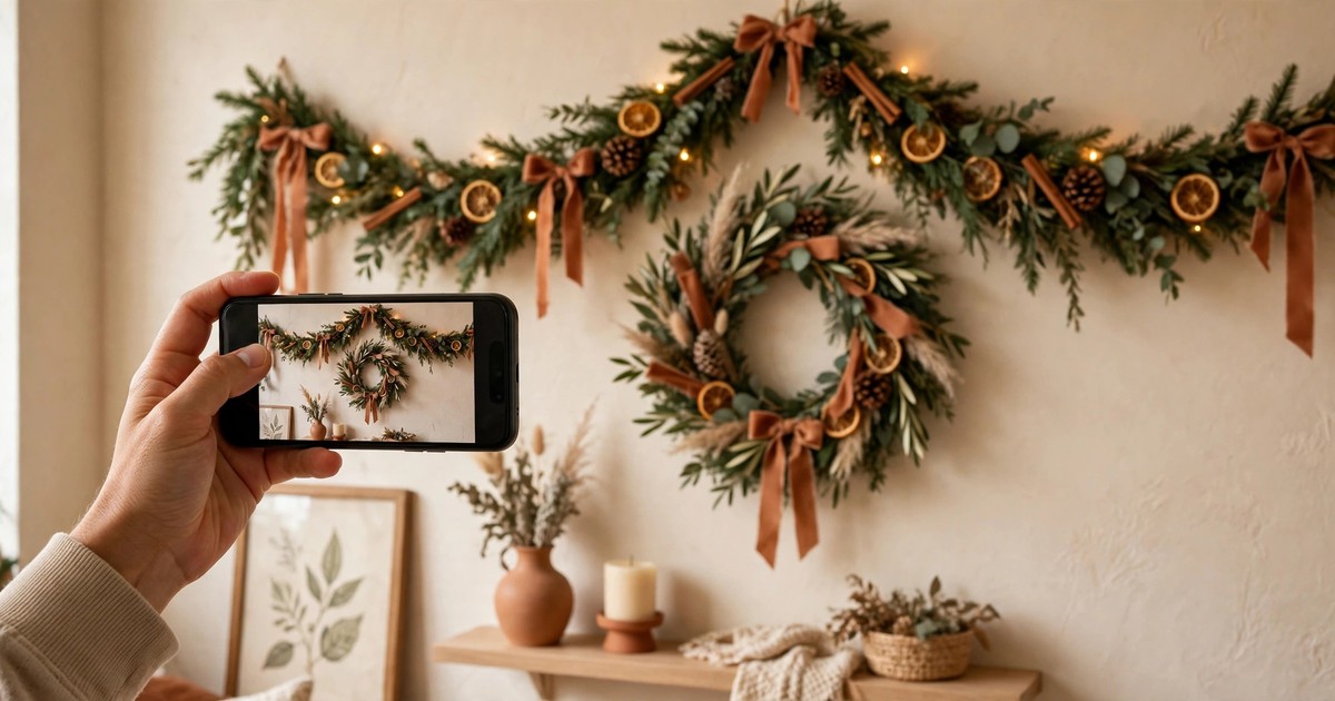 A phone photographing a decorated rental living room wall before holiday decor is removed