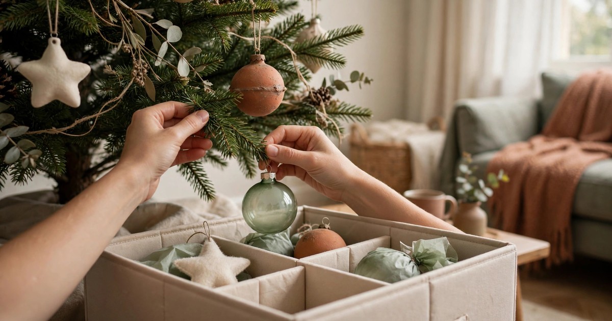 Ornaments being carefully removed from a Christmas tree top to bottom into a padded box