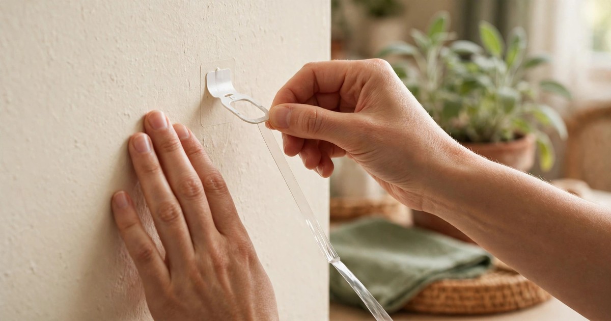 An adhesive hook being slowly pulled down along the wall to remove it without damage