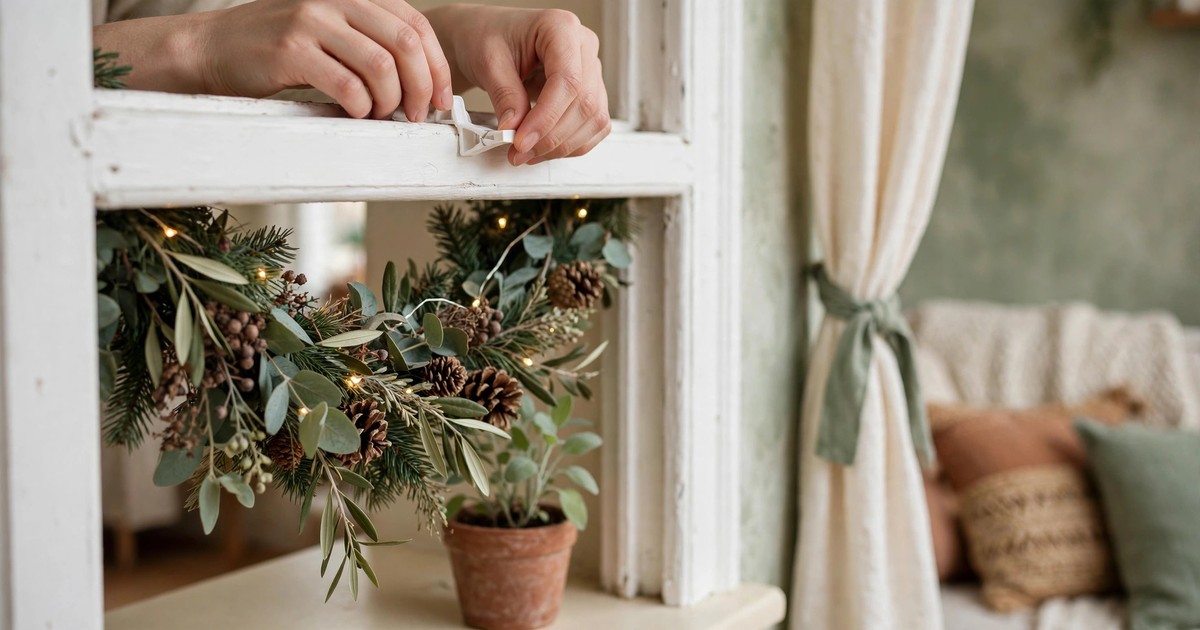 Christmas lights and garland being gently unclipped from a rental window frame
