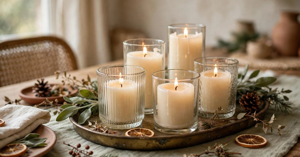A cluster of pillar candles in glass holders on a thrifted brass tray on a Christmas dining table