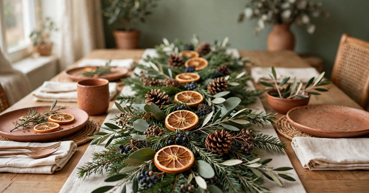 A Christmas table runner of fresh greenery with dried orange slices and pinecones down the middle