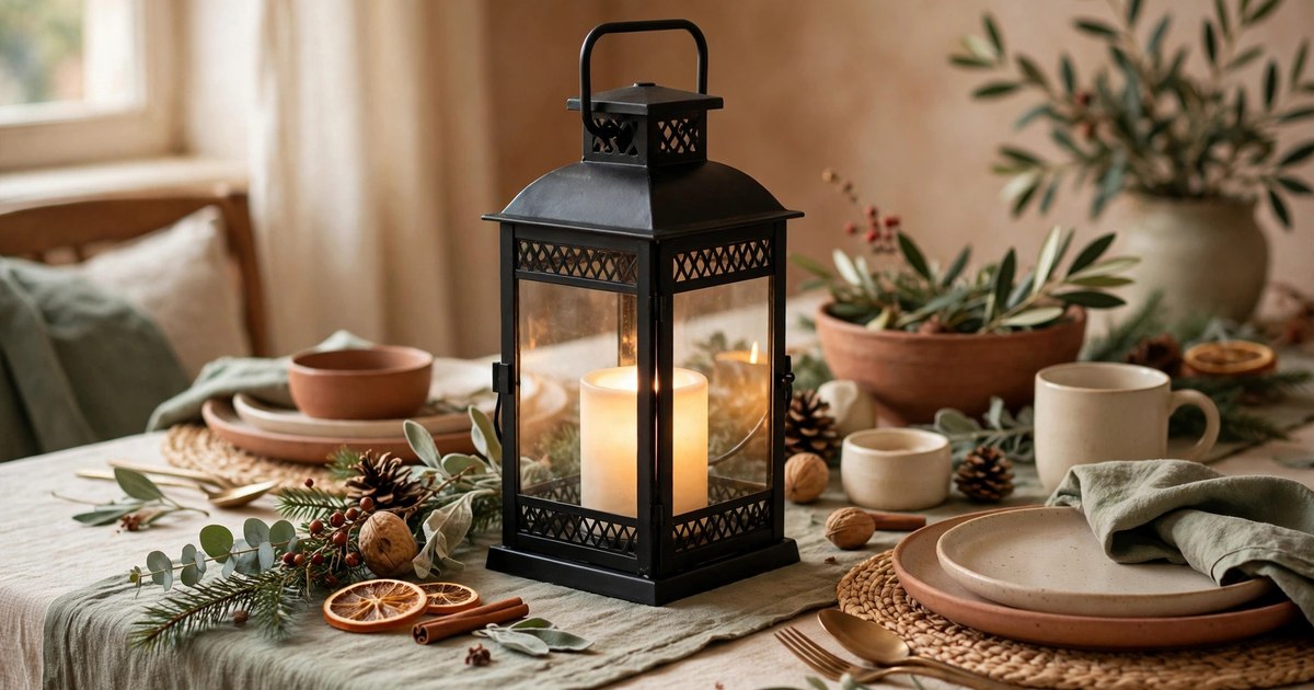 A black metal lantern with a glowing battery candle inside on a festive Christmas table