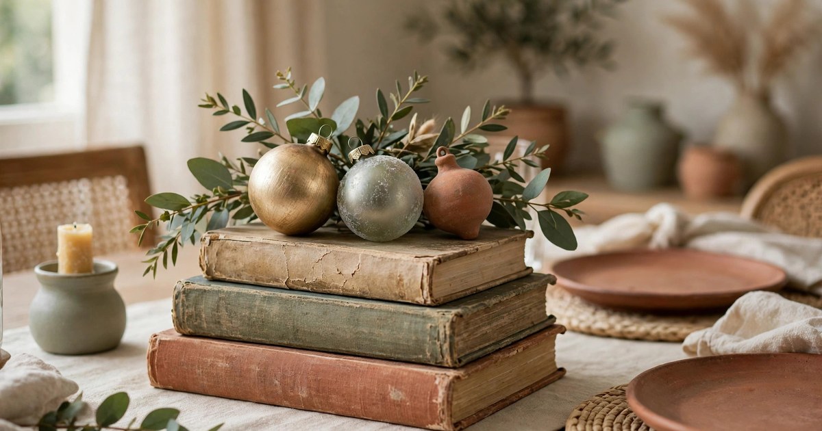 A stack of old books topped with Christmas ornaments and a sprig of greenery on a dining table
