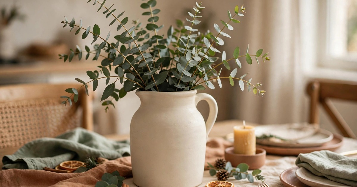 A simple cream jug filled with fresh eucalyptus stems as a Christmas table centerpiece