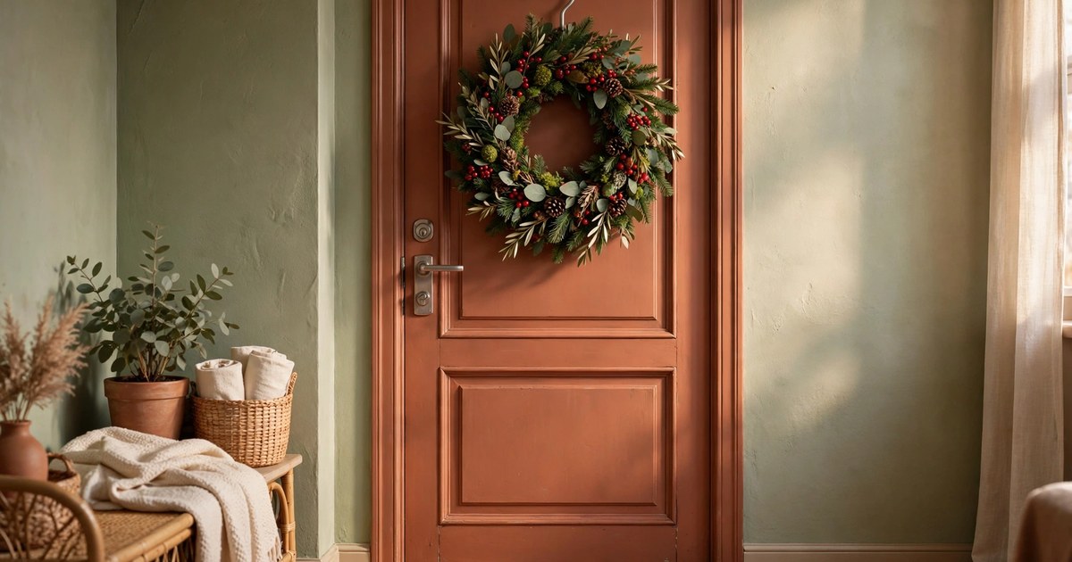 Christmas wreath hanging on an apartment front door with an over-the-door hanger