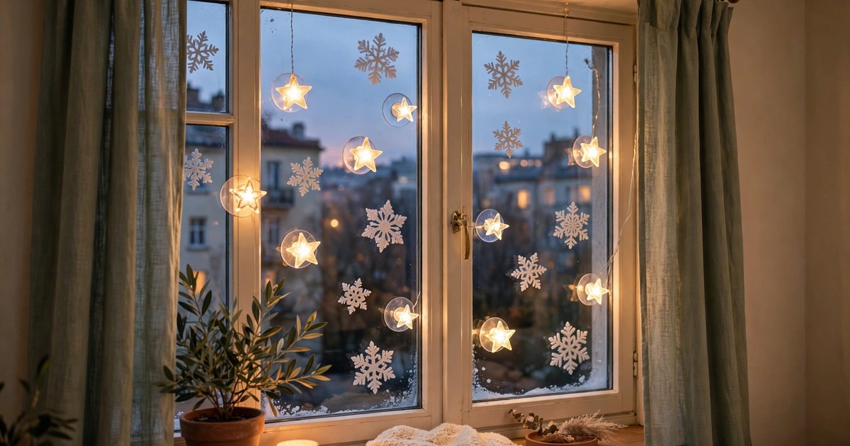 Apartment window decorated with suction-cup star lights and festive window clings at dusk