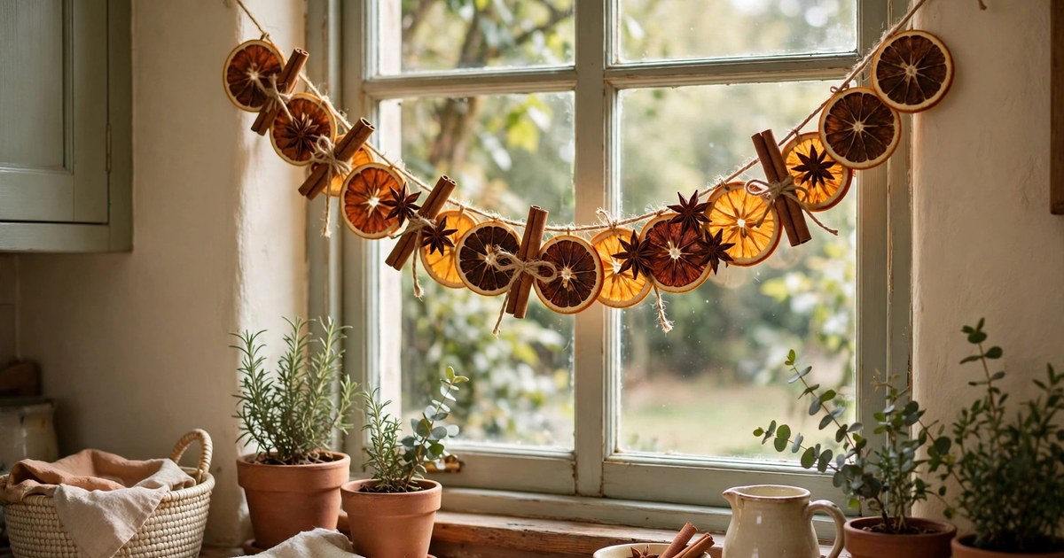 Dried orange slice garland strung on twine hanging in a cozy kitchen window