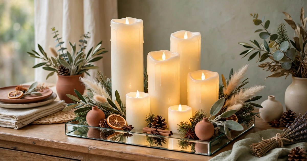 Cluster of LED candles on a mirrored tray as a Christmas centerpiece on a sideboard