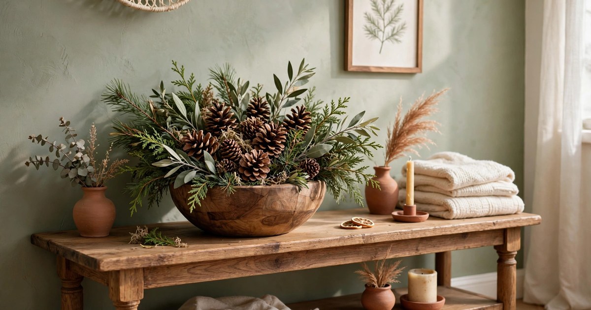 Wooden bowl of pinecones and foraged evergreen branches on a console table