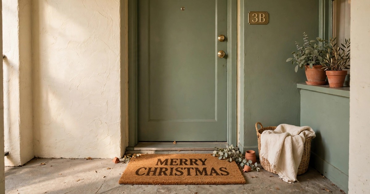 A classic coir doormat with Merry Christmas lettering outside an apartment door
