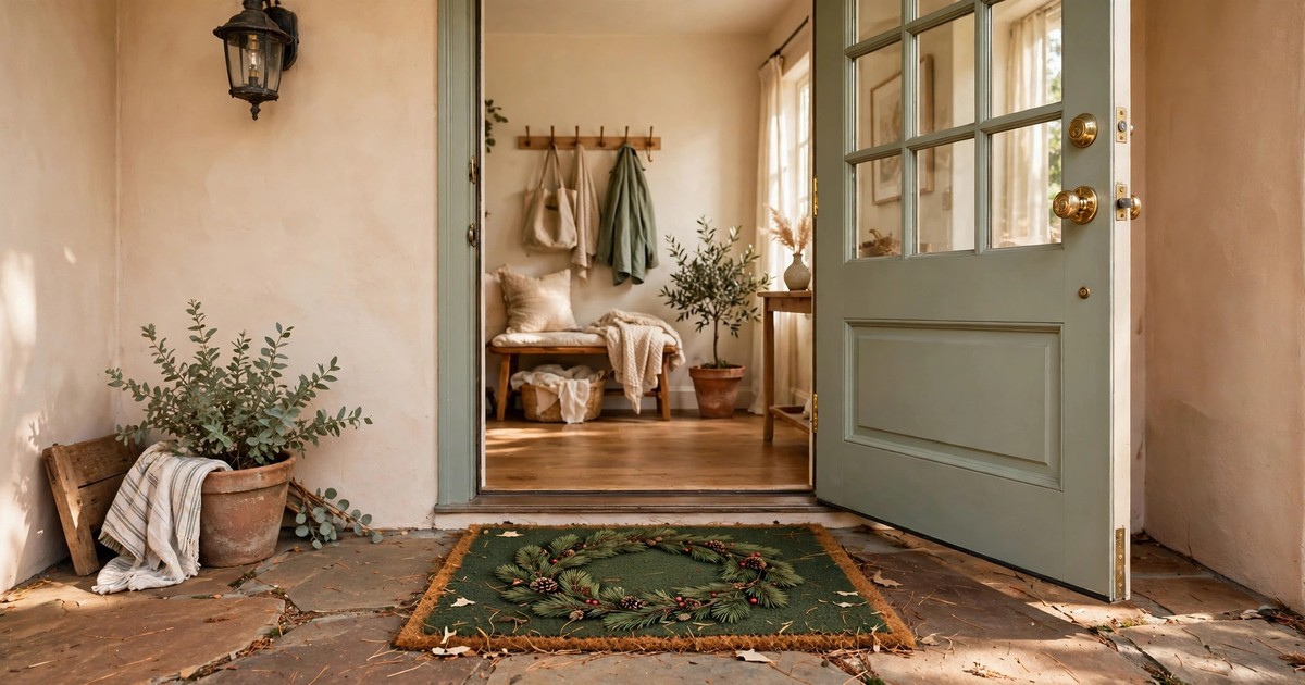 A doormat printed with a pine branch wreath design outside a front door