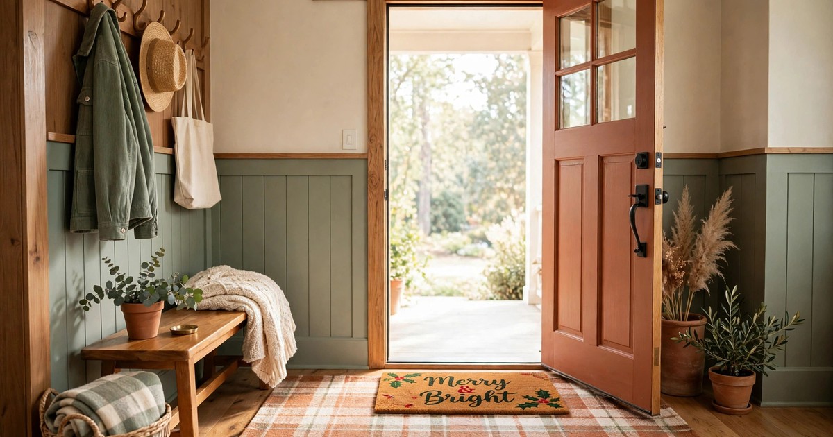 A layered doorway with a large plaid outdoor rug under a smaller Christmas doormat