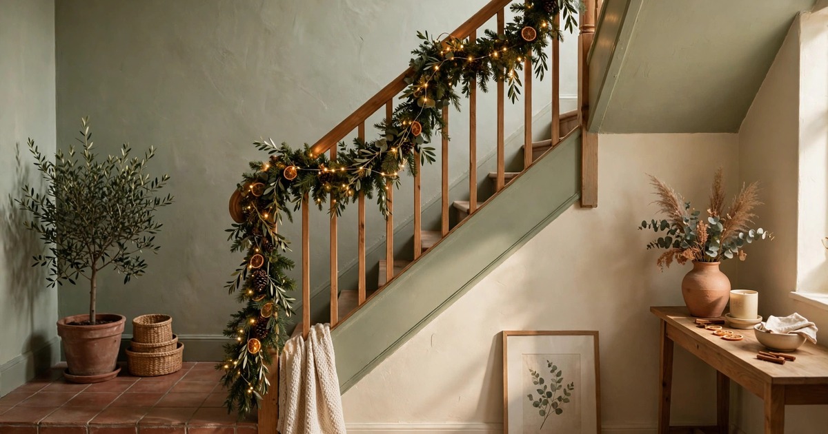 Christmas garland wrapped along an apartment stair banister with fairy lights
