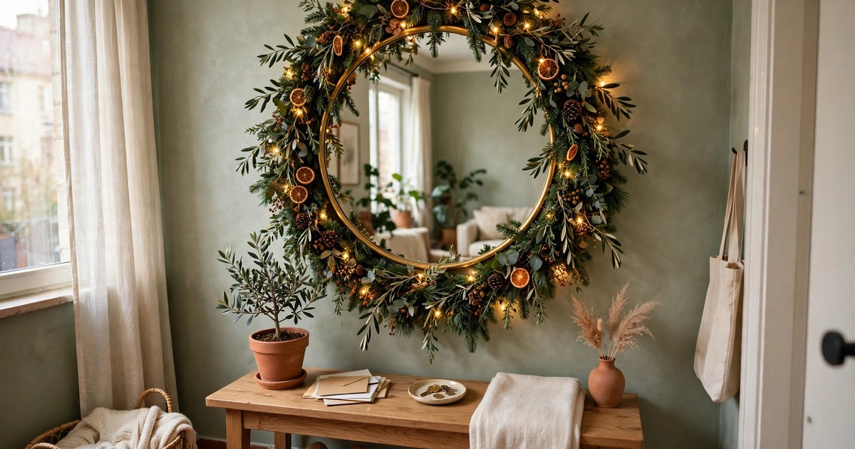 A round mirror framed with lush Christmas garland and warm lights in a rental apartment