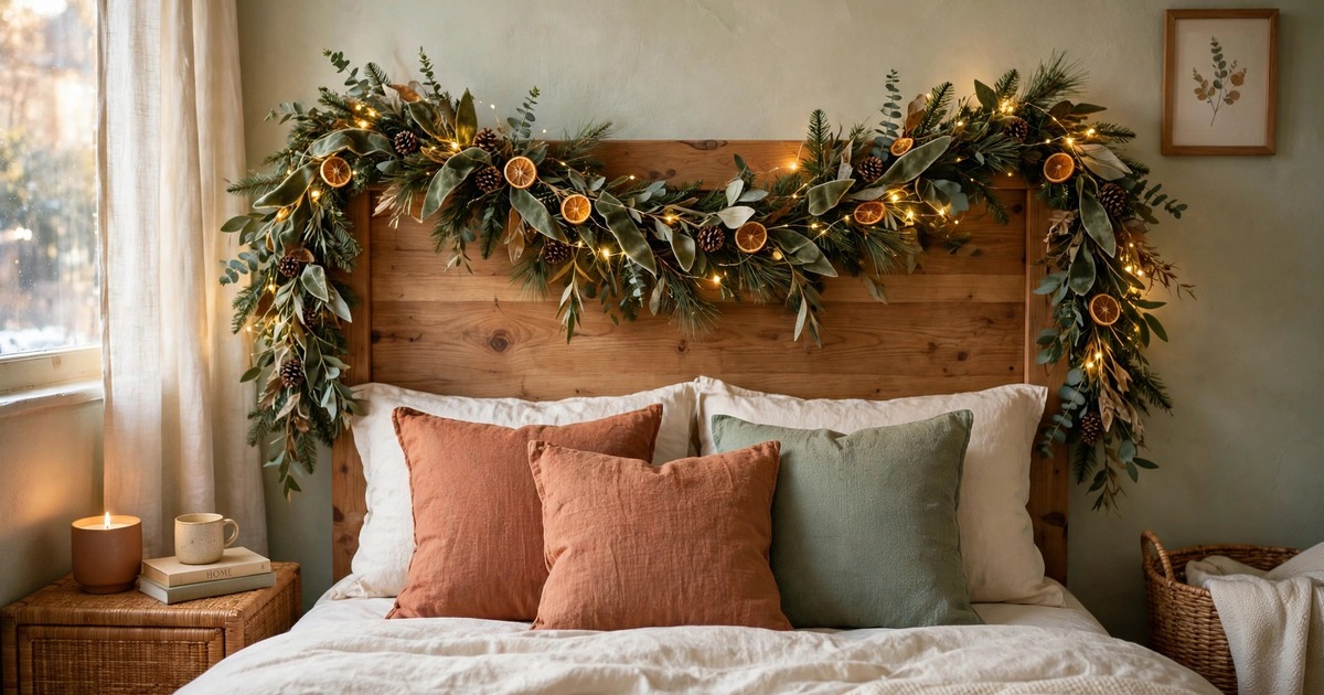 Christmas garland draped over a wooden headboard with soft lighting in a cozy rental bedroom