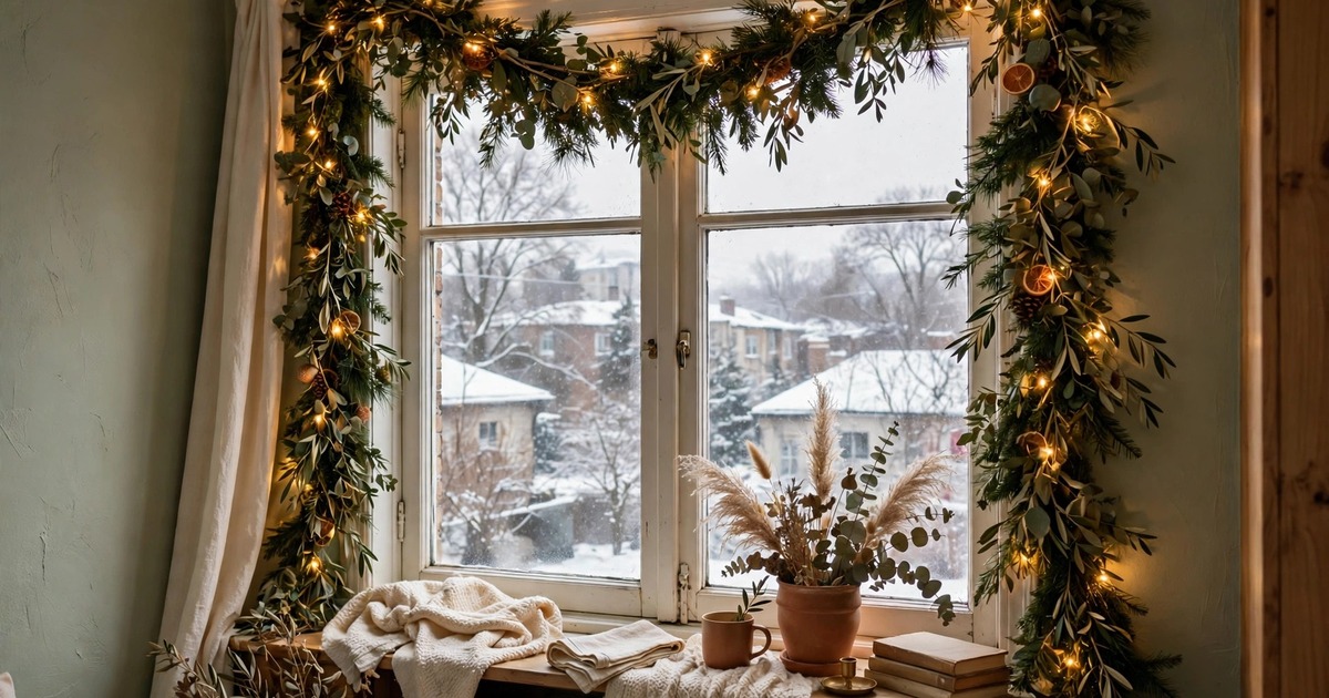 Garland framing a window with fairy lights and a view of winter outside a rental apartment