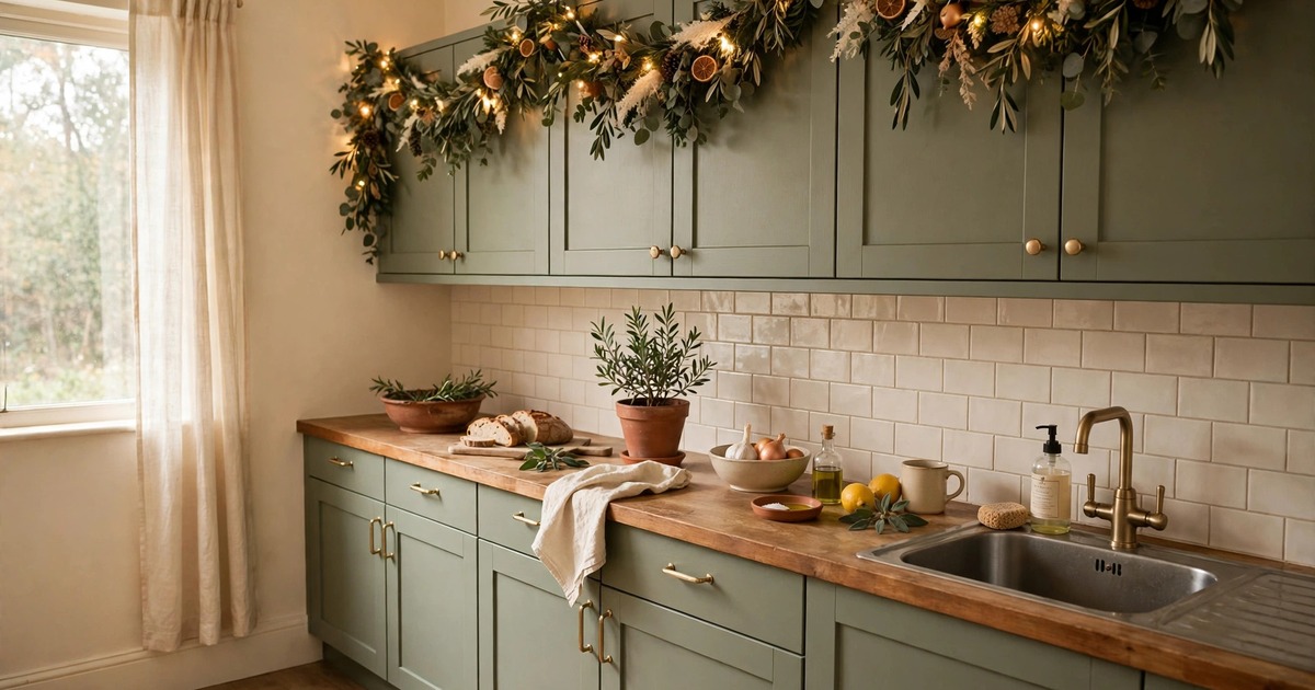 Garland running along the top of kitchen cabinets with warm lights in a rental kitchen