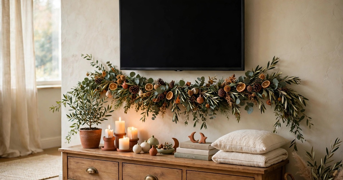 Garland draped along a TV console under a television with candles and ornaments